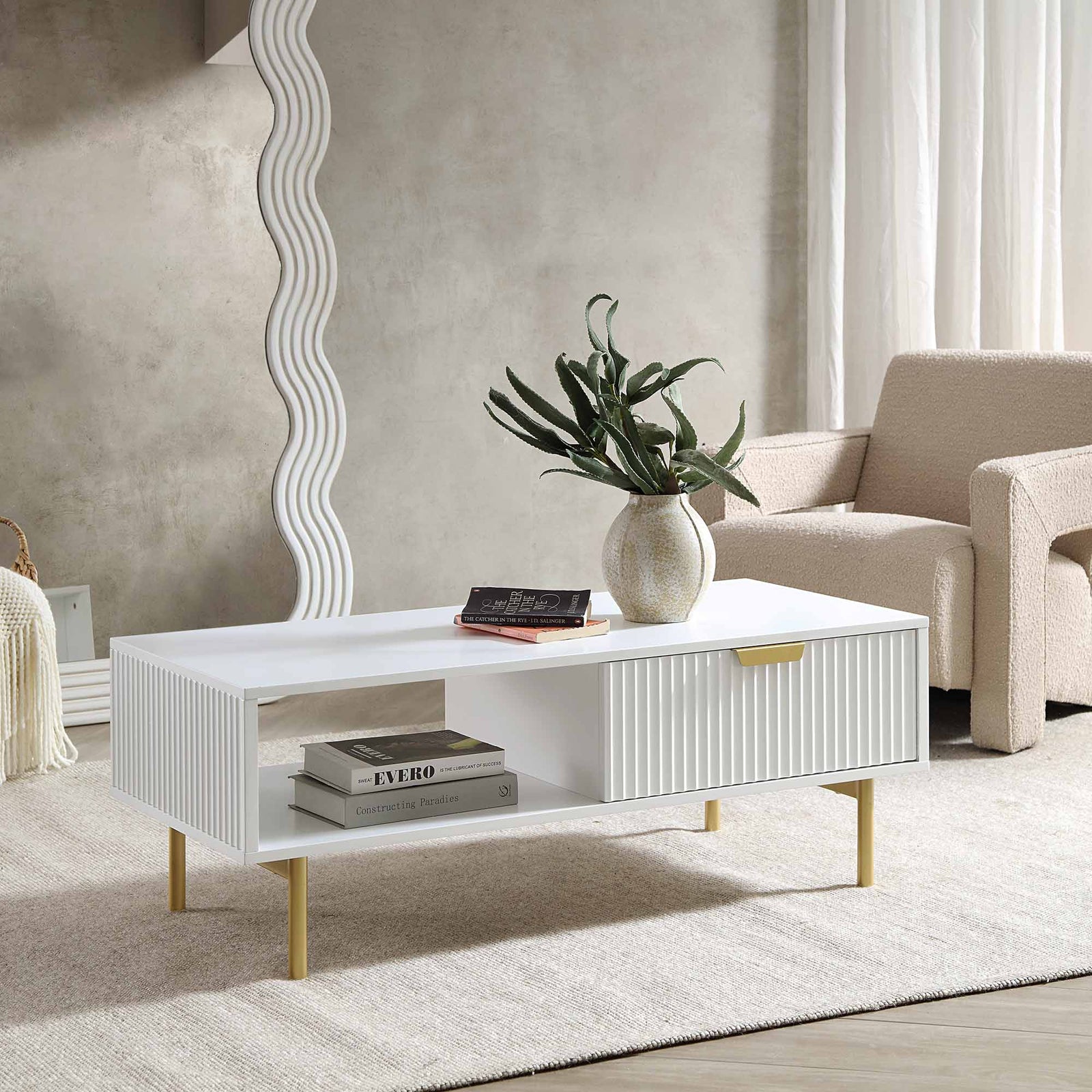 Velin Sheesham Wood Ridged Coffee Table with Drawer | Mamta Handicraft