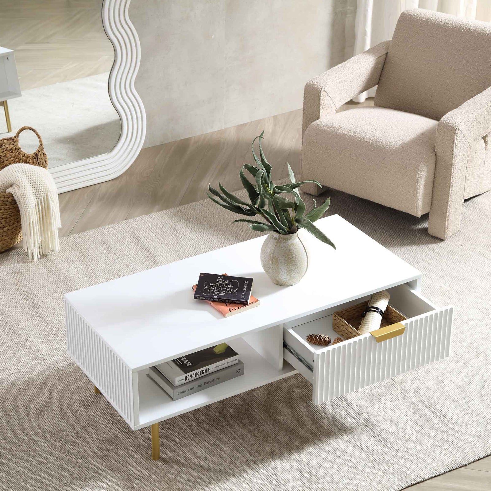 Velin Sheesham Wood Ridged Coffee Table with Drawer | Mamta Handicraft