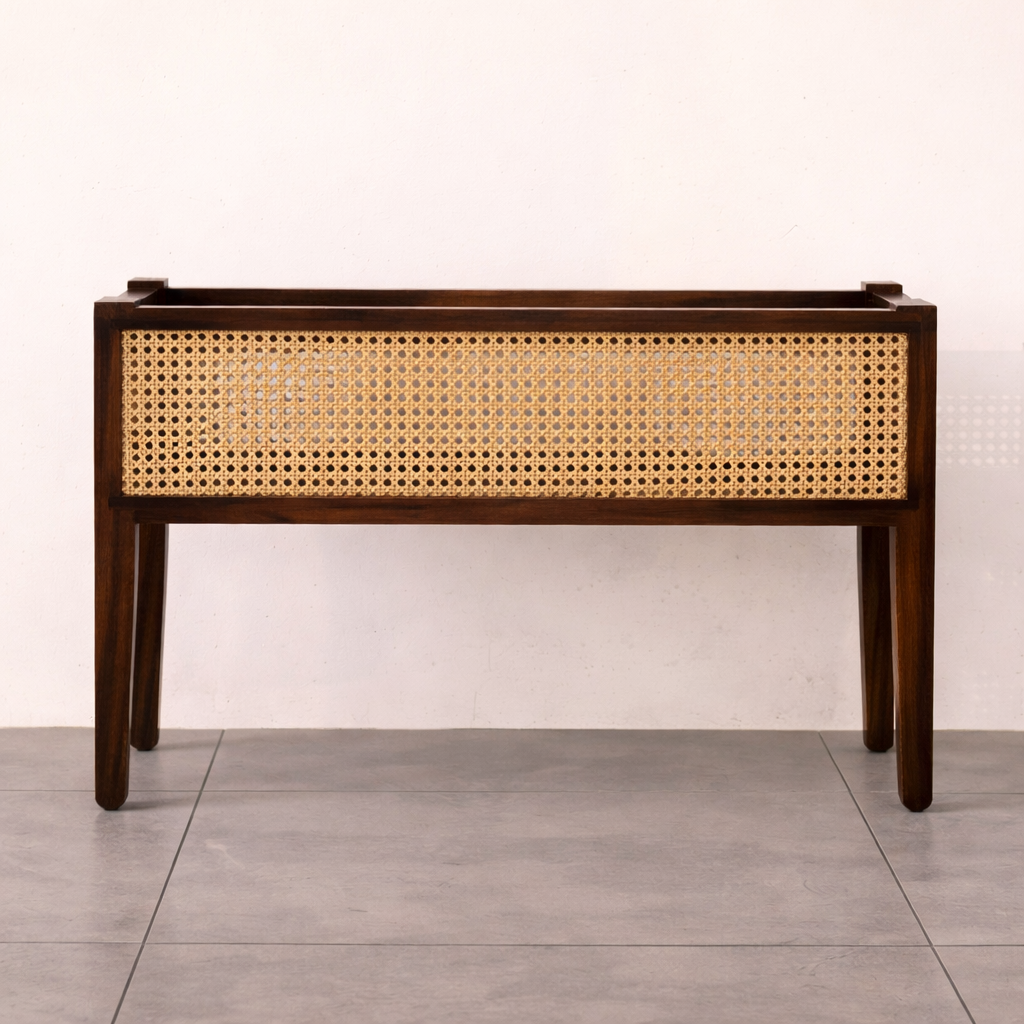 Mid-Century Walnut Wood Planter with Cane Panel-Walnut