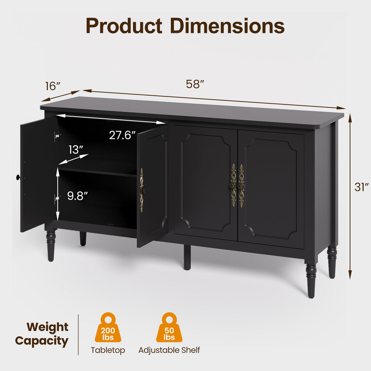Collynns 58" W Sideboard Cabinet with Adjustable Shelves and 4 Doors
