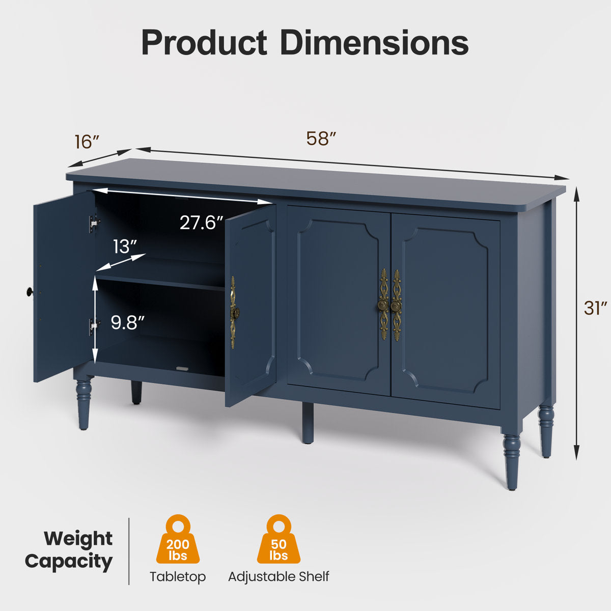 Collynns 58" W Sideboard Cabinet with Adjustable Shelves and 4 Doors