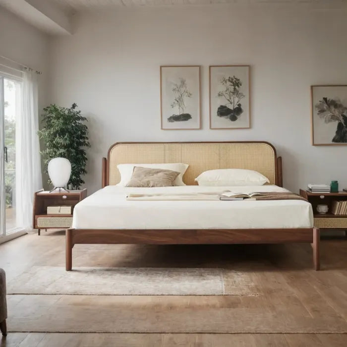 Solid Wood Bed with Rattan Headboard — No Storage | Mamta Handicraft