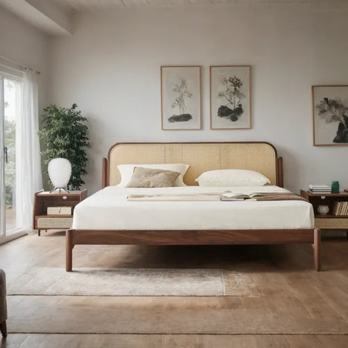Adorn Homez Ryouta Teak Wood Bed with Rattan/Cane Without Storage