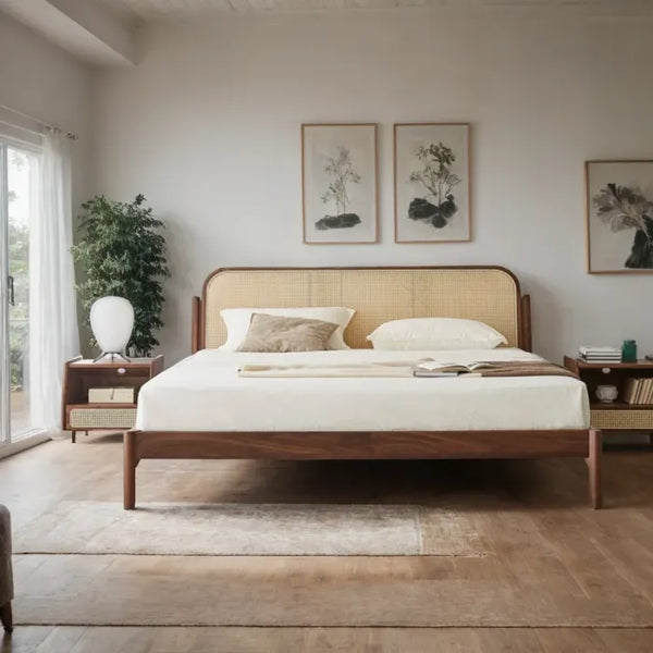 Adorn Homez Ryouta Wooden Bed with Rattan/Cane Without Storage