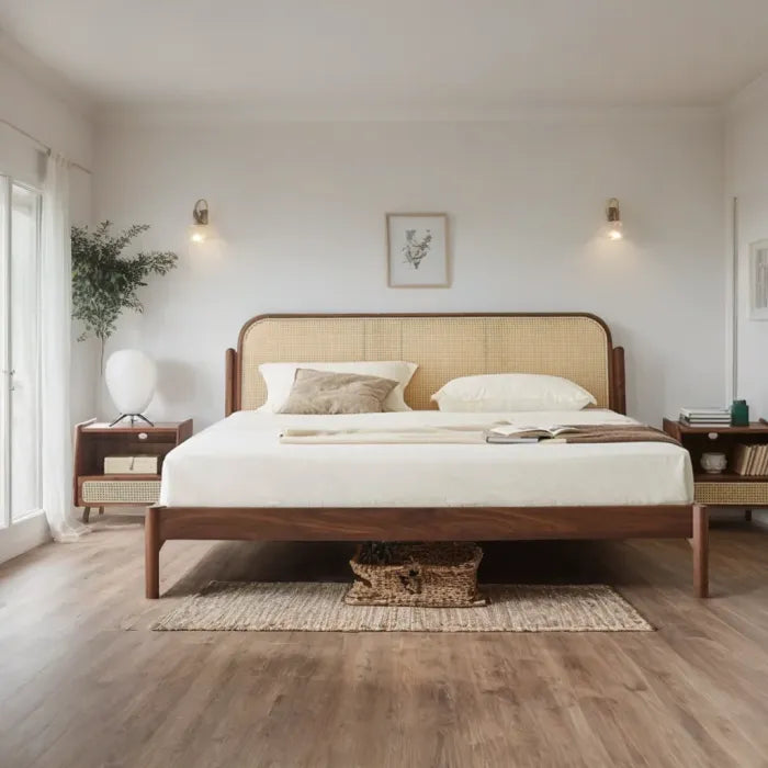 Solid Wood Bed with Rattan Headboard — No Storage | Mamta Handicraft