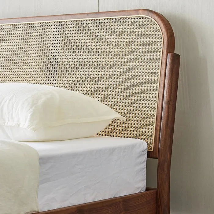Solid Wood Bed with Rattan Headboard — No Storage | Mamta Handicraft