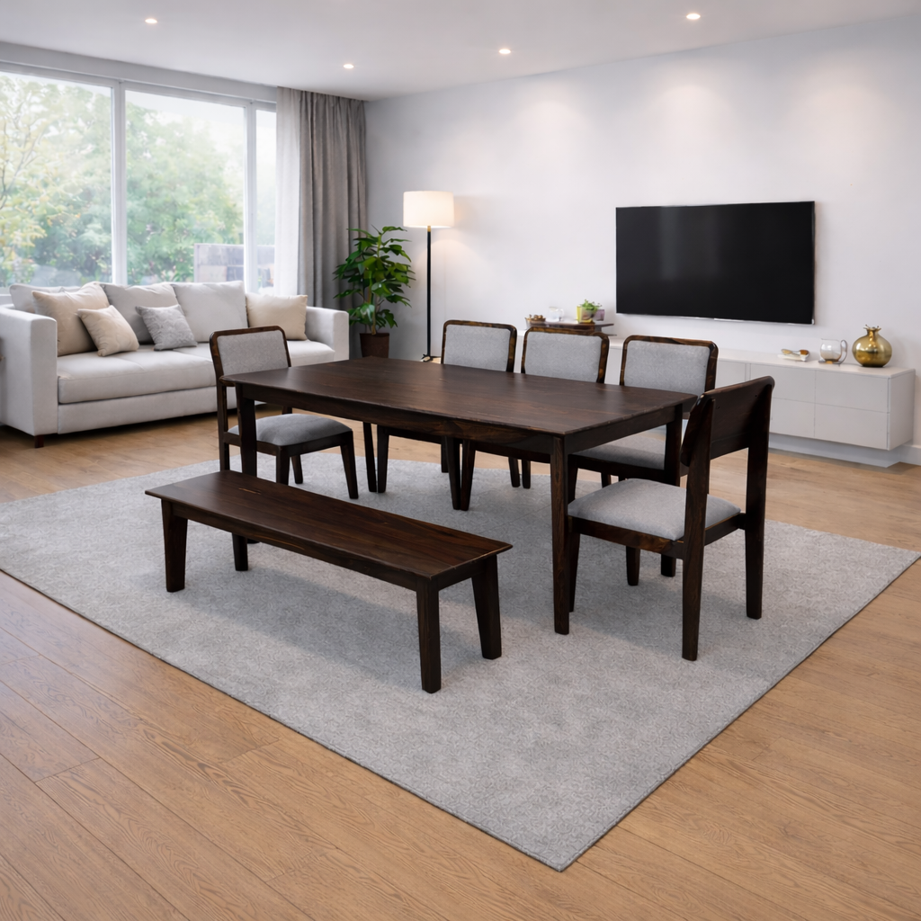 Urban Living Solid Sheesham Wood Eight Seater Dining Table Set With Bench-Walnut