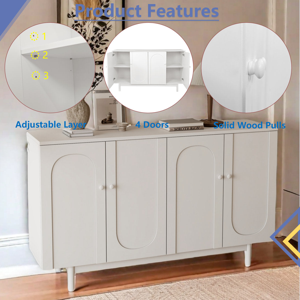 Functional 4-Door Intaglio Storage Cabinet Buffet Cabinet Sideboard Cabinet Office Credenza