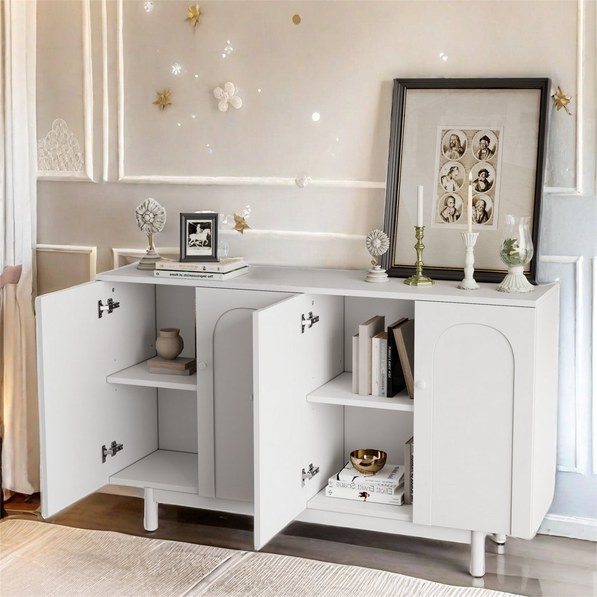Functional 4-Door Intaglio Storage Cabinet Buffet Cabinet Sideboard Cabinet Office Credenza