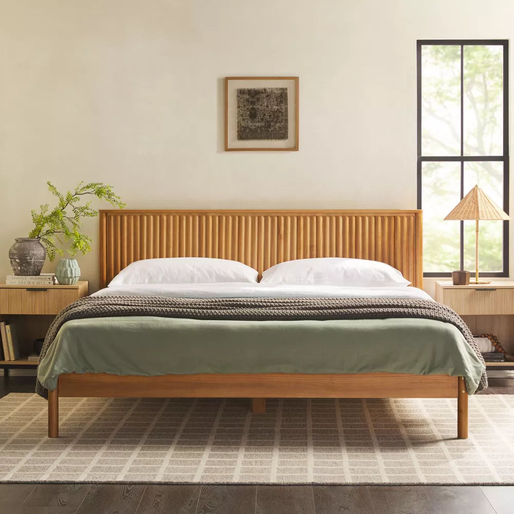 Saracina Home King Reeded Headboard Bed Blonde: Solid Pine, No Box Spring Required, Transitional Style