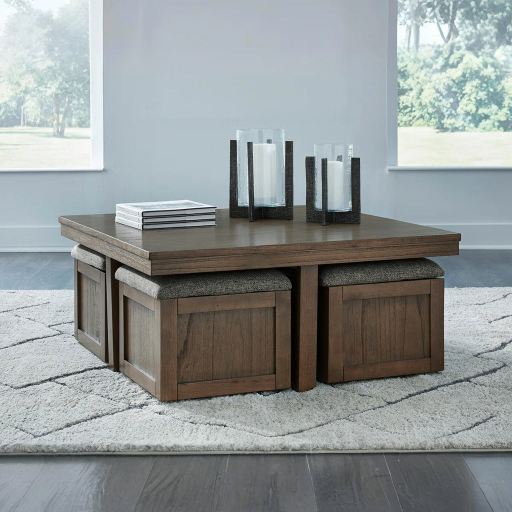 Sheesham Wood Coffee Table with Cushioned Storage Stools – Geraldene
