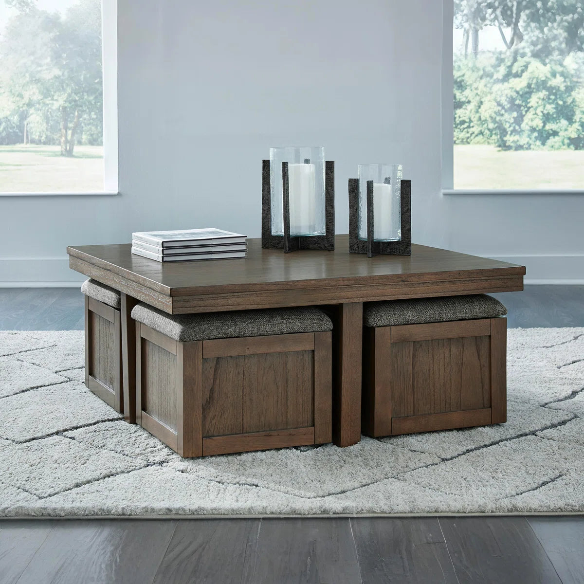 Sheesham Wood Coffee Table with Cushioned Storage Stools – Geraldene