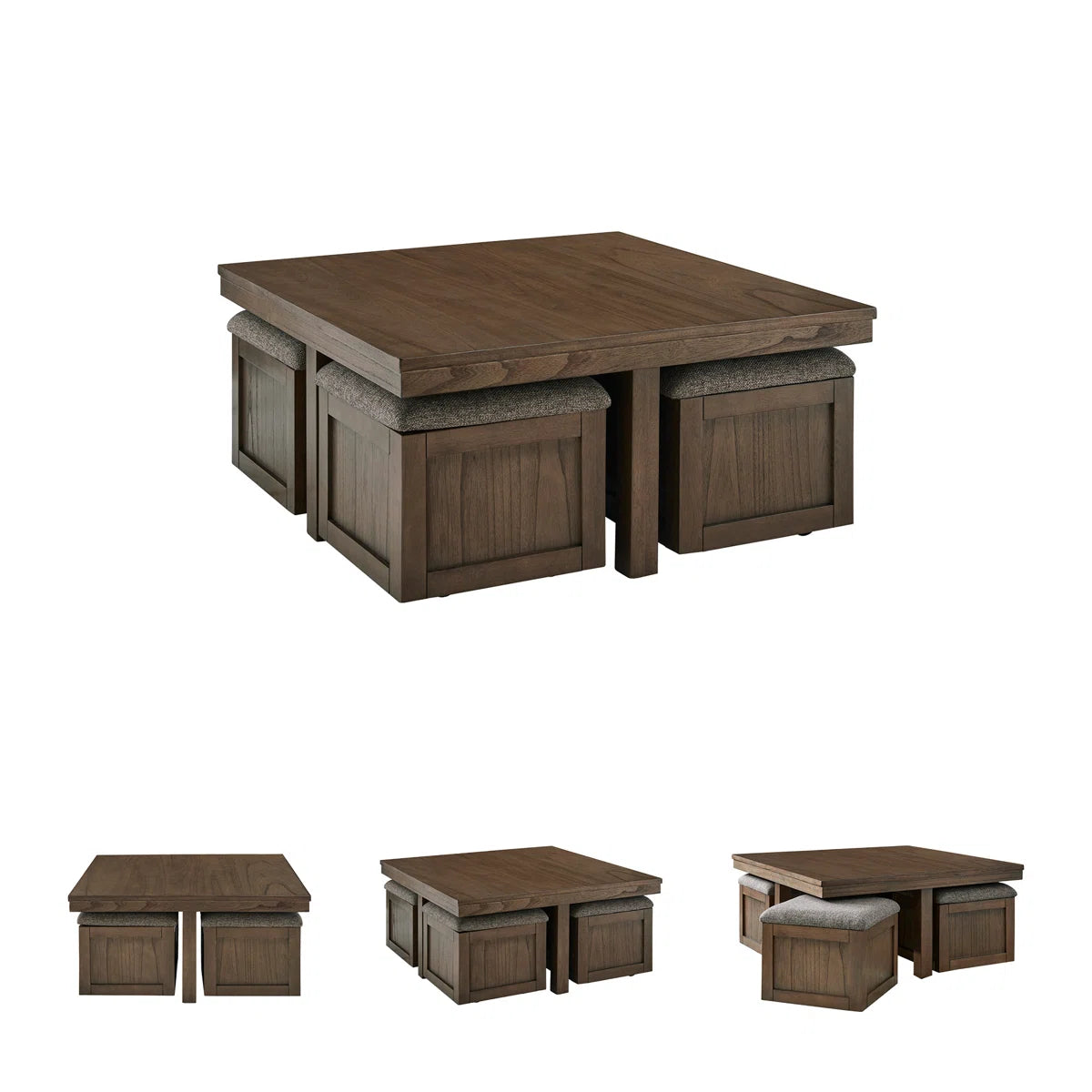 Sheesham Wood Coffee Table with Cushioned Storage Stools – Geraldene