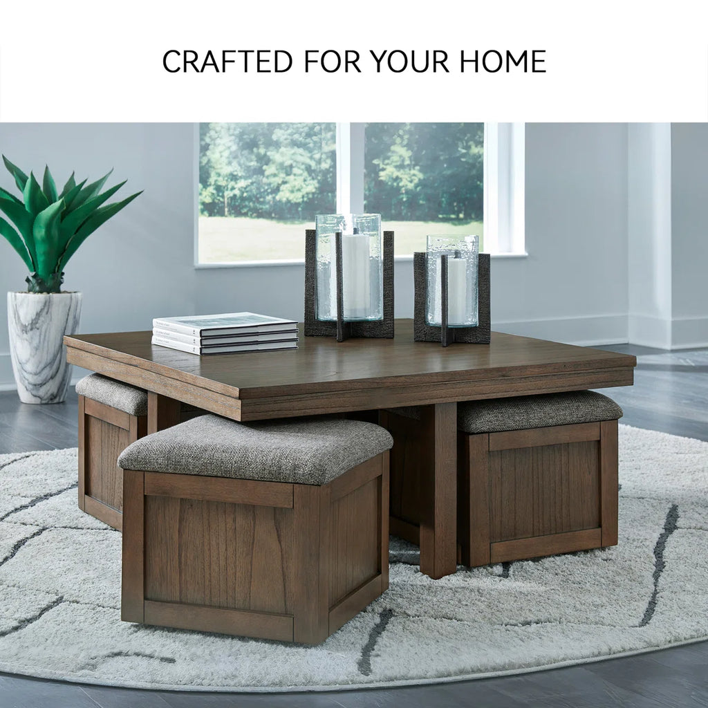 Sheesham Wood Coffee Table with Cushioned Storage Stools – Geraldene