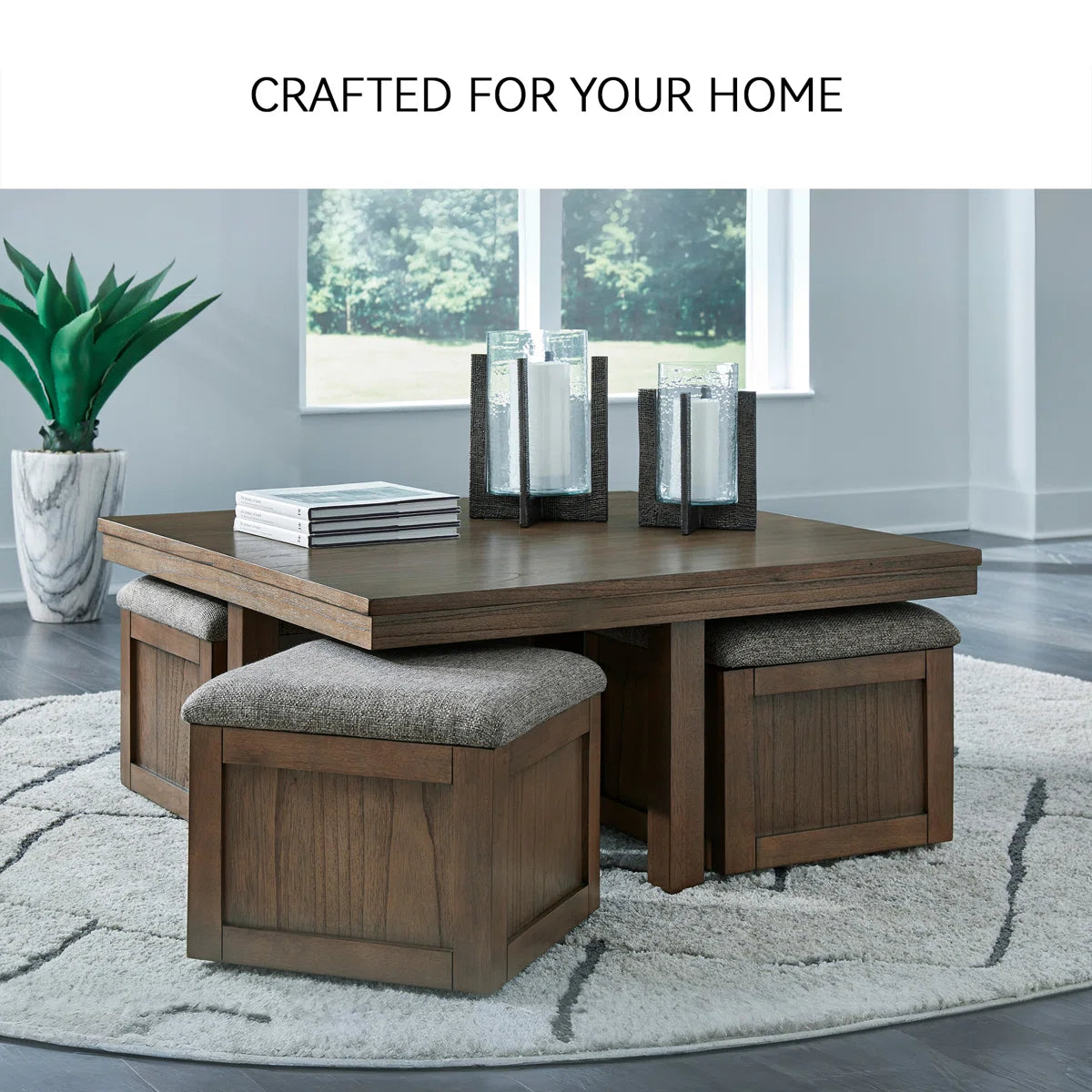 Sheesham Wood Coffee Table with Cushioned Storage Stools – Geraldene