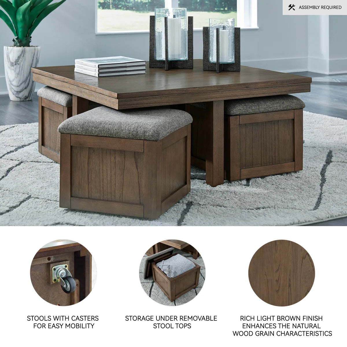 Sheesham Wood Coffee Table with Cushioned Storage Stools – Geraldene