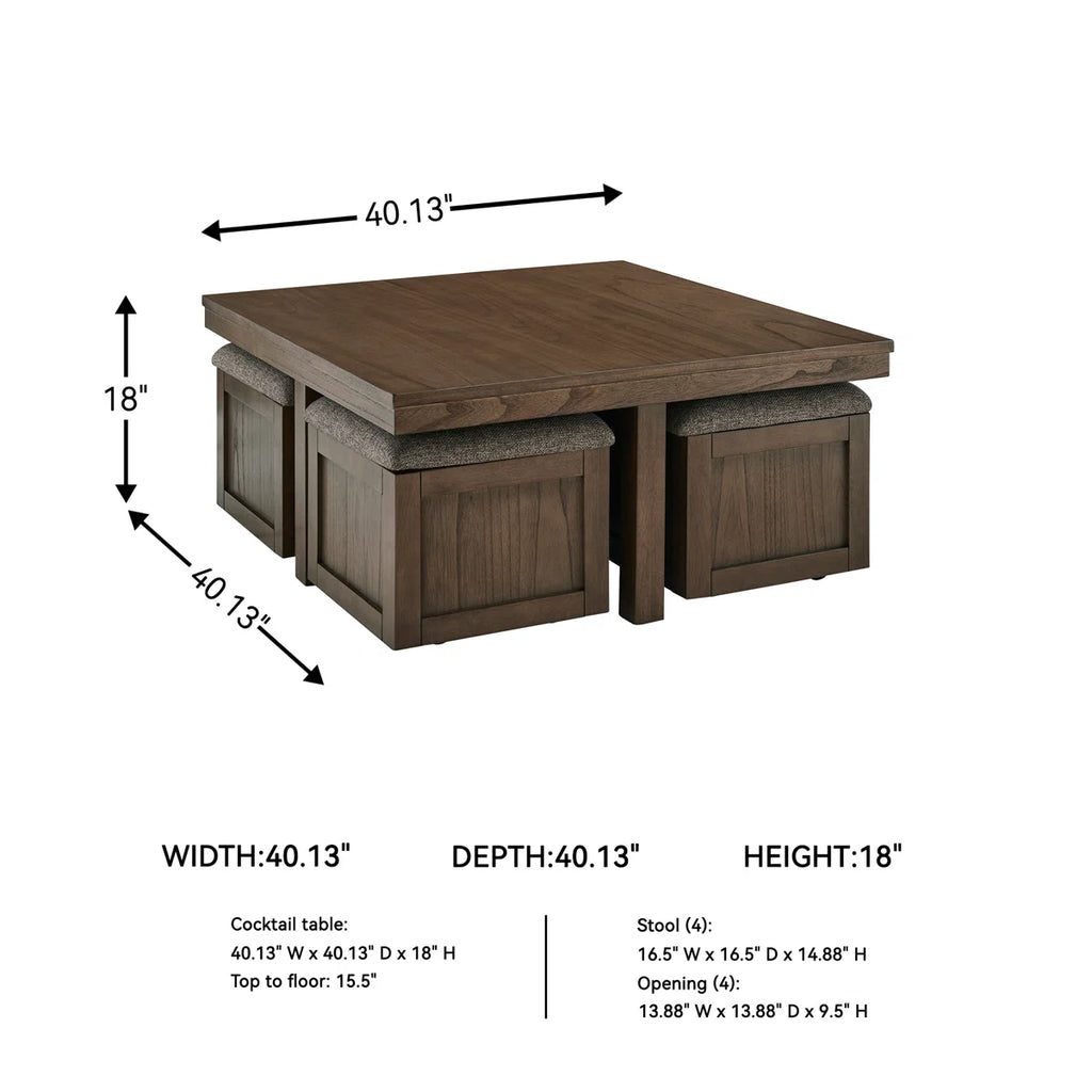 Sheesham Wood Coffee Table with Cushioned Storage Stools – Geraldene