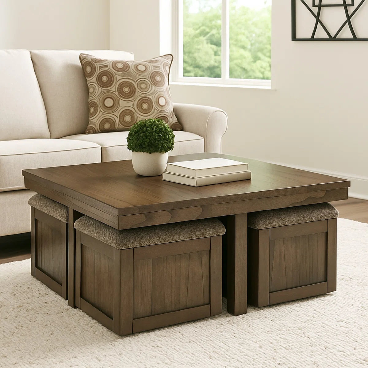 Sheesham Wood Coffee Table with Cushioned Storage Stools – Geraldene