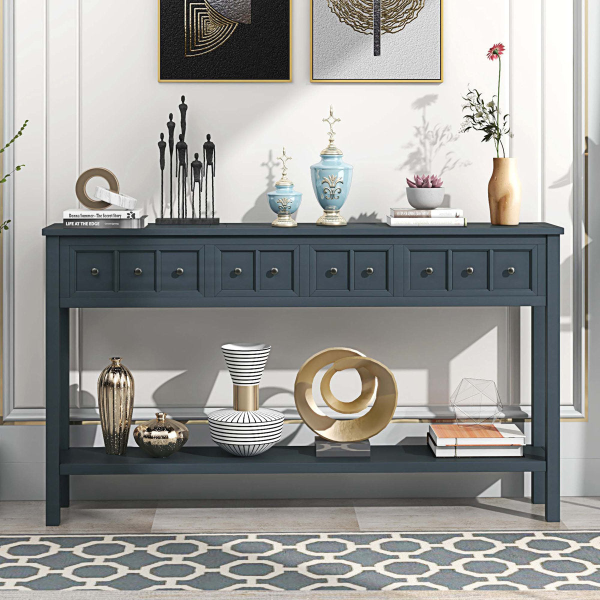 Himanshu Rustic Entryway Console Table, 60" Long Sofa Table with two Different Size Drawers and Bottom Shelf for Storage