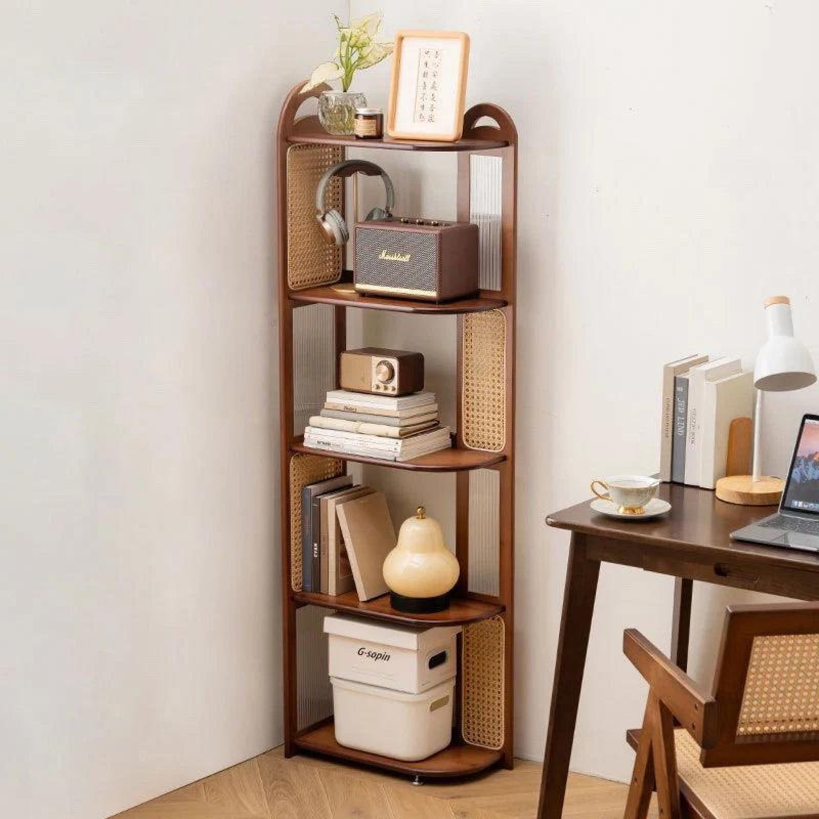 Mango Wood Corner Shelf Cane Panel Detail | Mamta Handicraft
