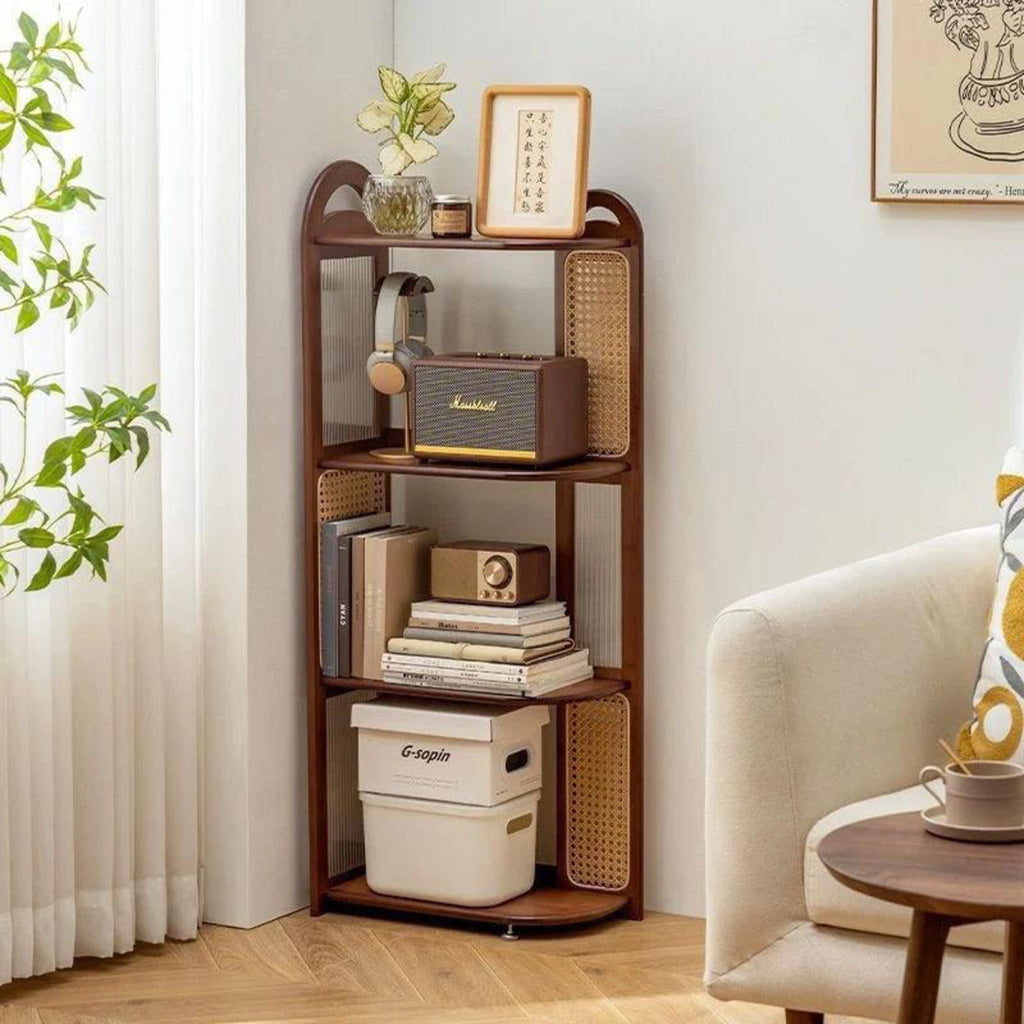 Modern Mango Wood Corner Shelf Unit with Cane Design