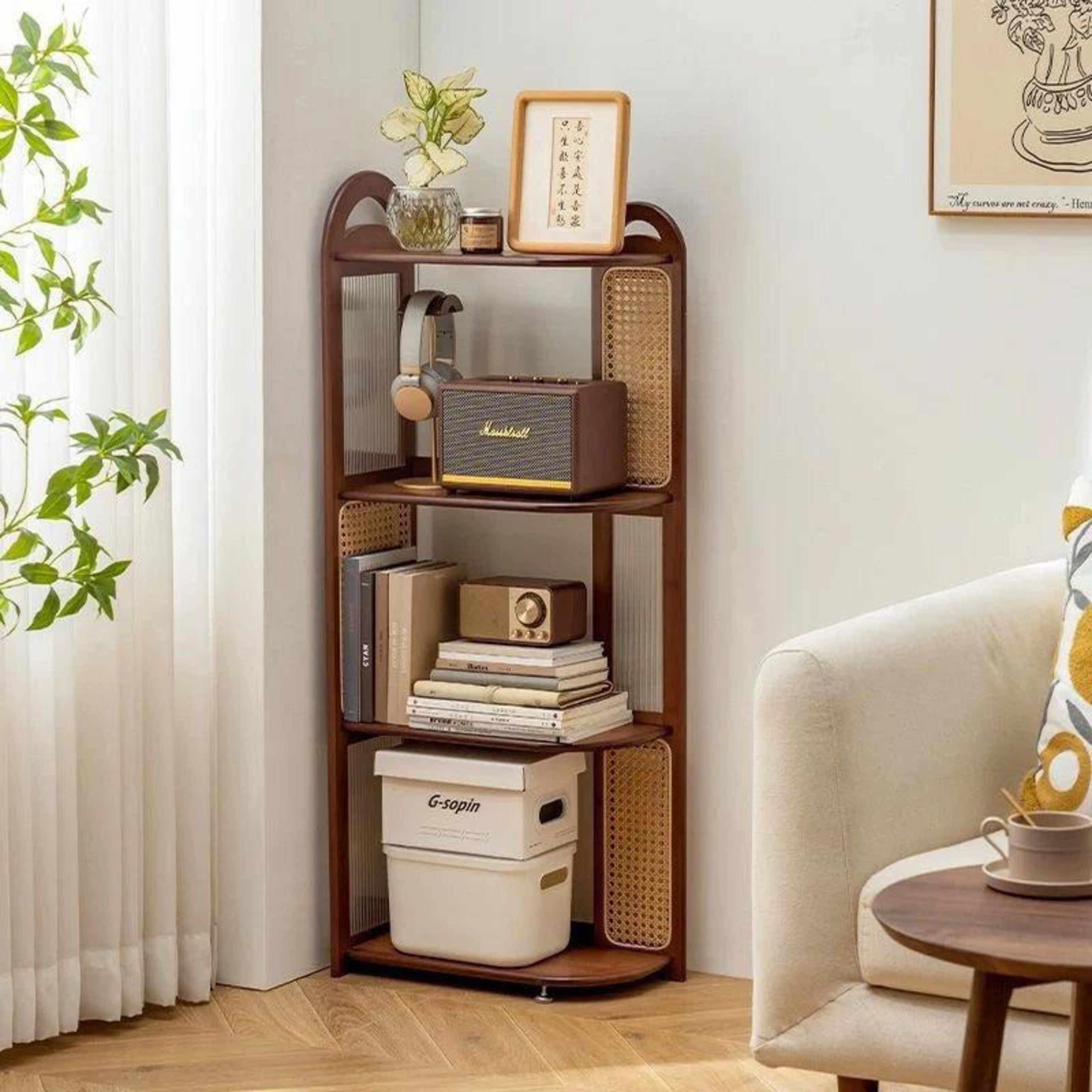 Modern Mango Wood Corner Shelf Unit with Cane Design