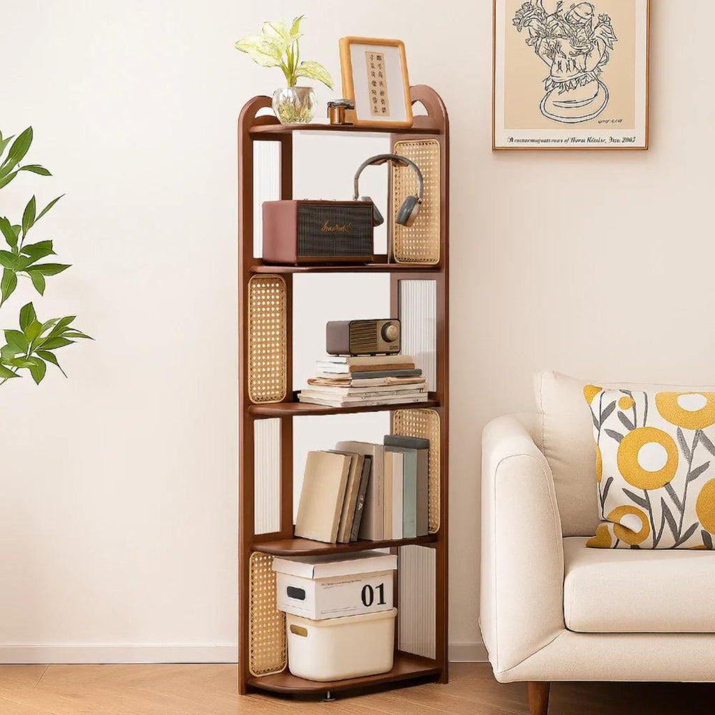 Modern Mango Wood Corner Shelf Unit with Cane Design