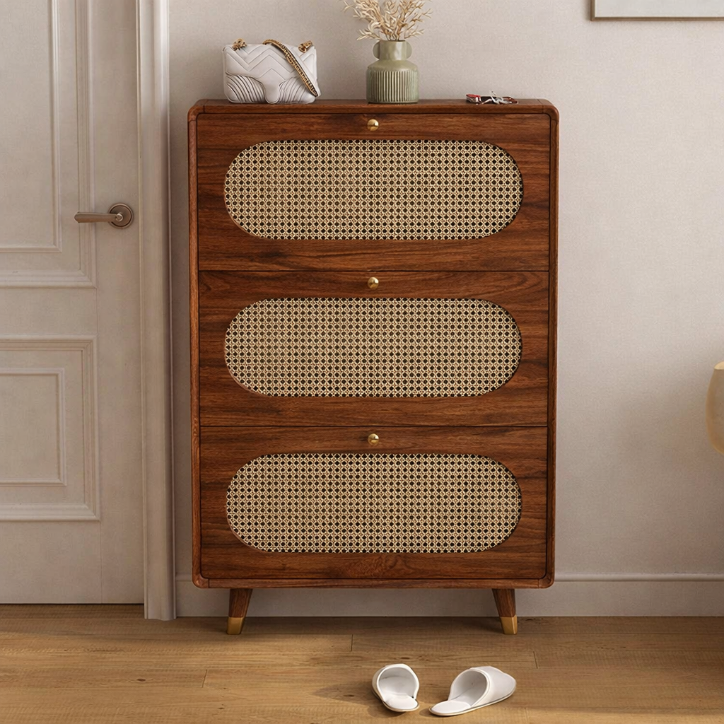 Modern Sheesham Wood Shoe Cabinet with Handwoven Cane Panels