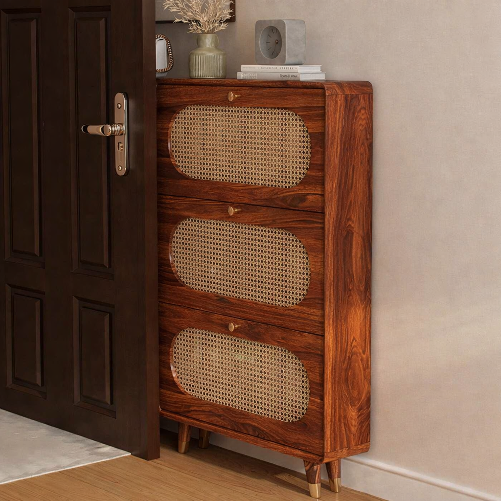 Modern Sheesham Wood Shoe Cabinet with Handwoven Cane Panels