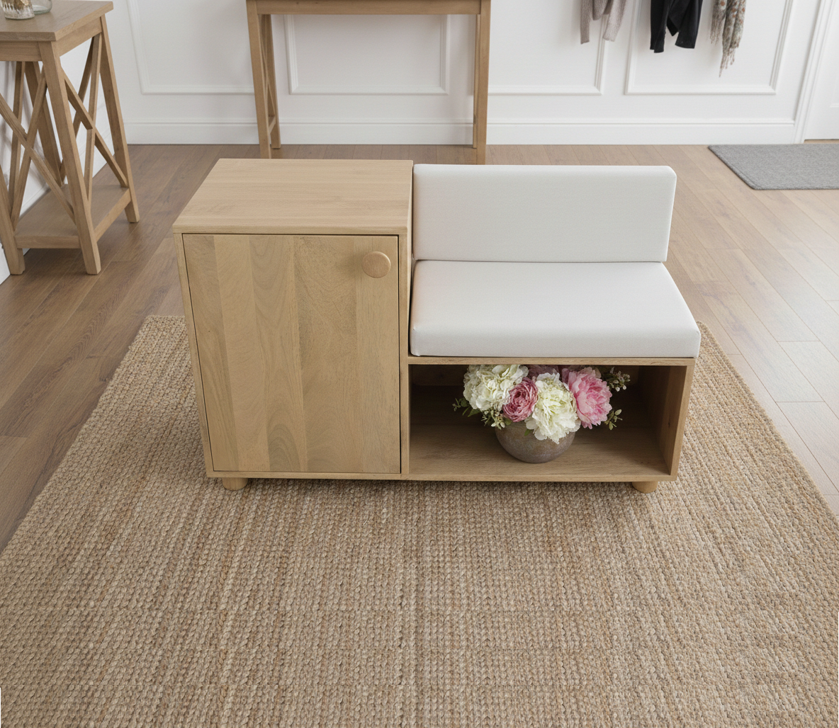 Entryway Wooden Bench with Padded Seat and Side Storage