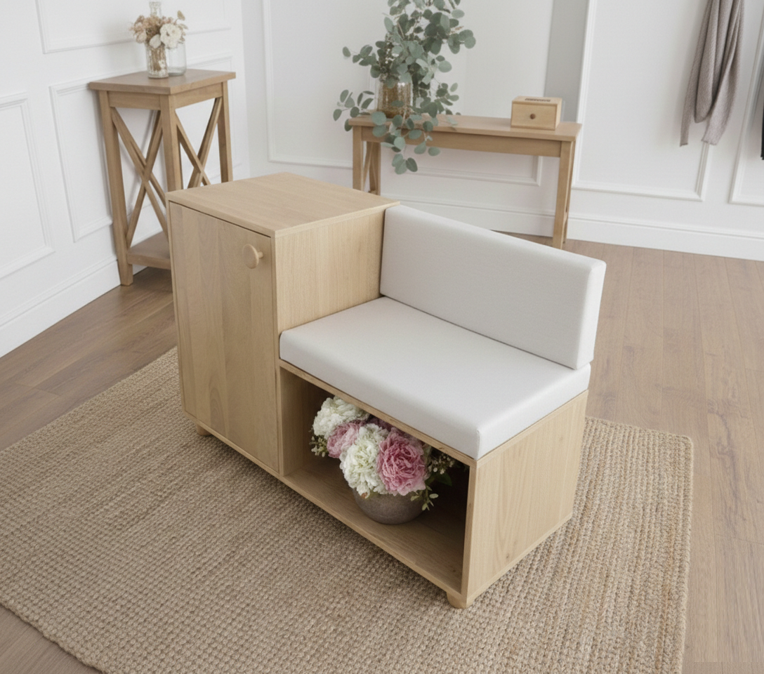 Entryway Wooden Bench with Padded Seat and Side Storage