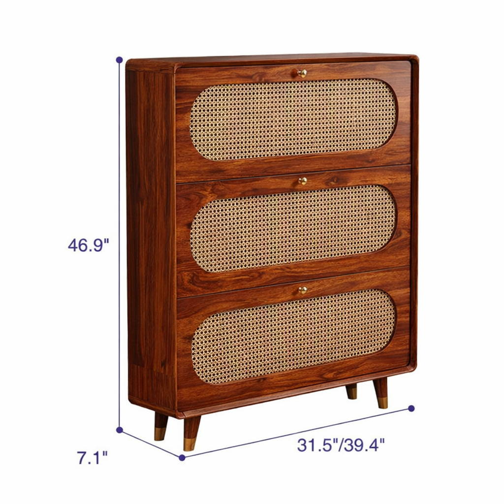 Modern Sheesham Wood Shoe Cabinet with Handwoven Cane Panels