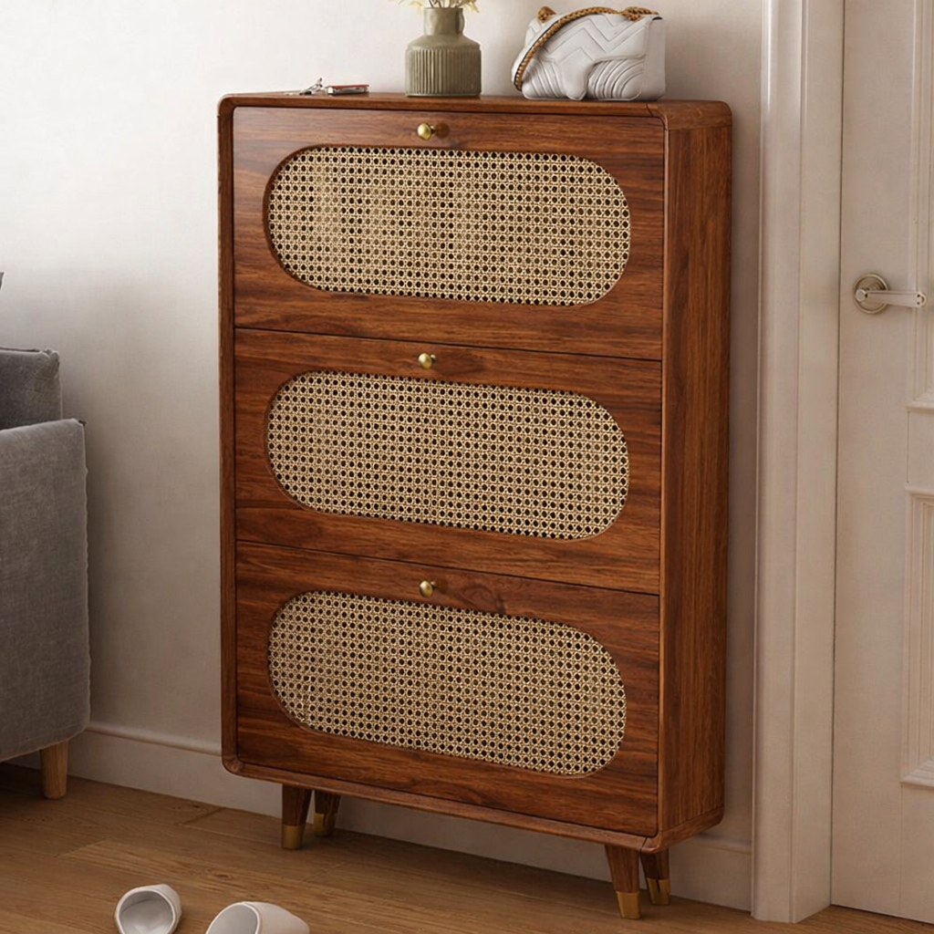Modern Sheesham Wood Shoe Cabinet with Handwoven Cane Panels