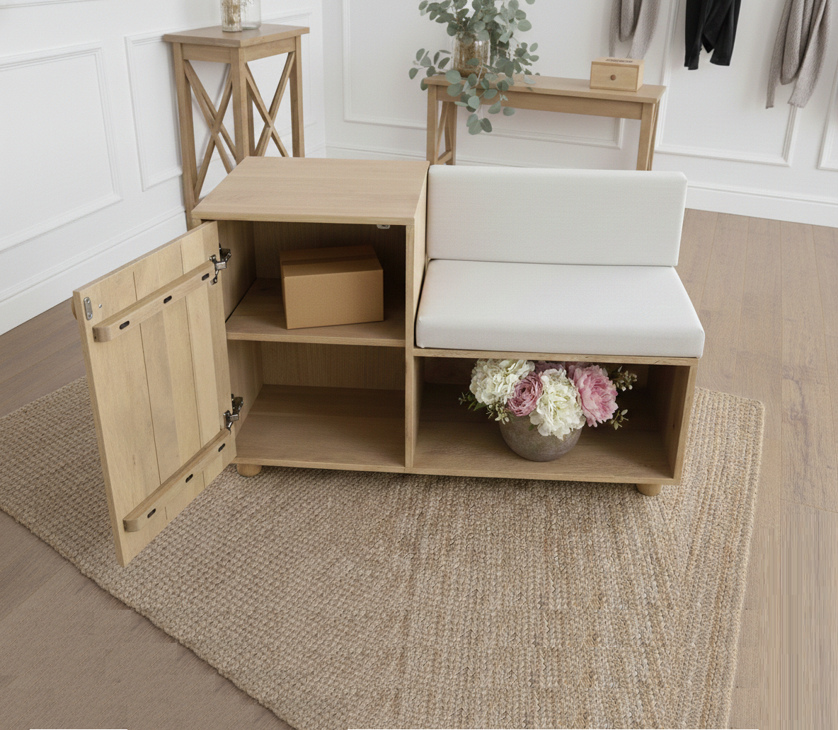 Entryway Wooden Bench with Padded Seat and Side Storage
