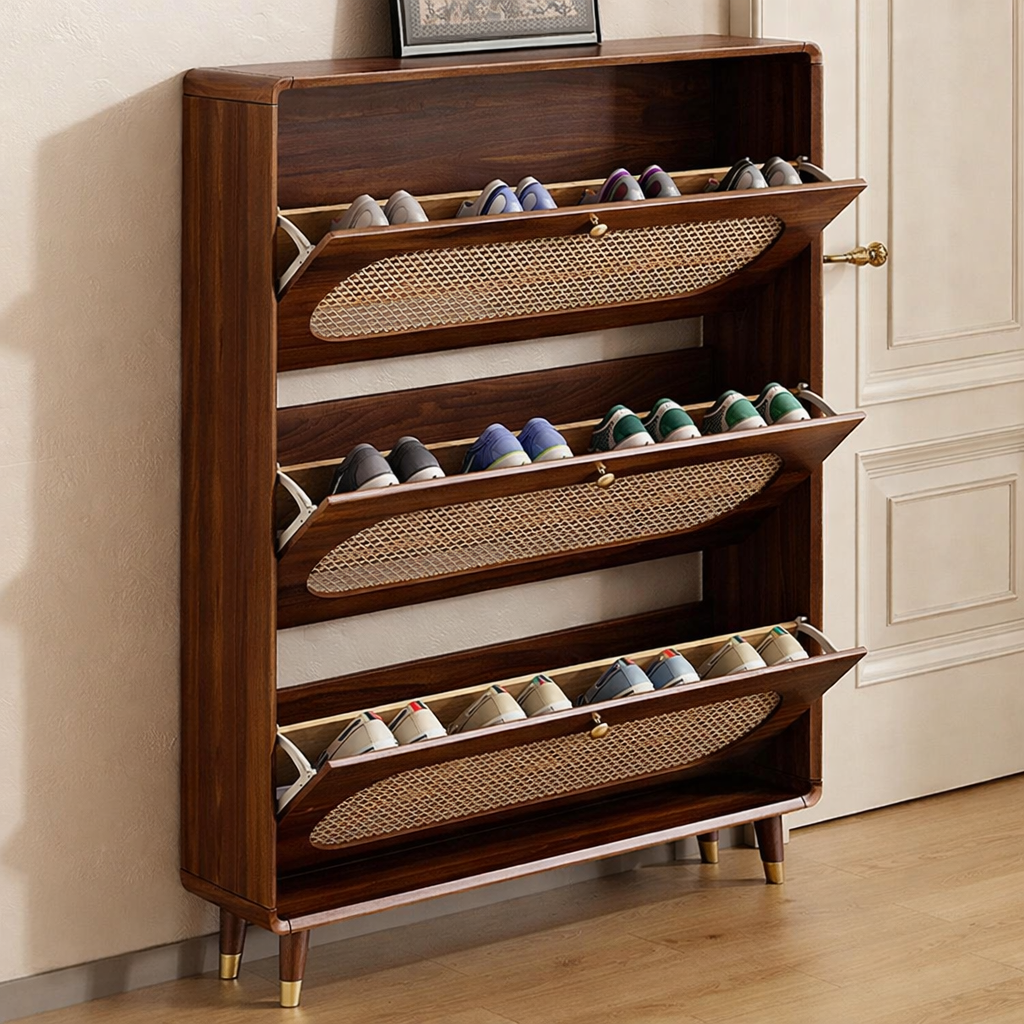 Modern Sheesham Wood Shoe Cabinet with Handwoven Cane Panels