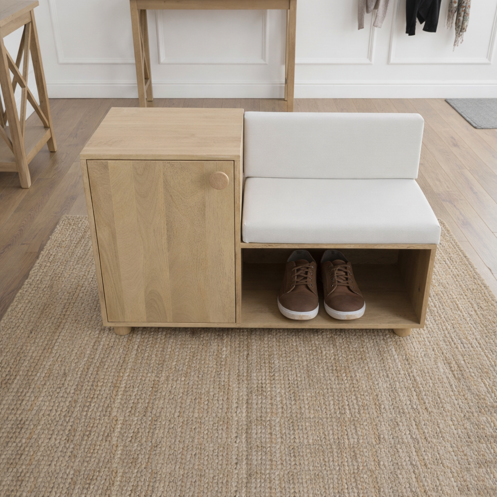 Entryway Wooden Bench with Padded Seat and Side Storage