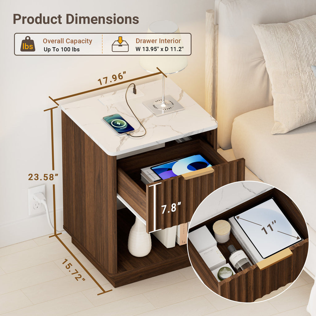 Schaitman 18''W 1-Drawer Nightstand with Open Cubby, Wood Nightstand with Built-In Outlets (Set of 2)