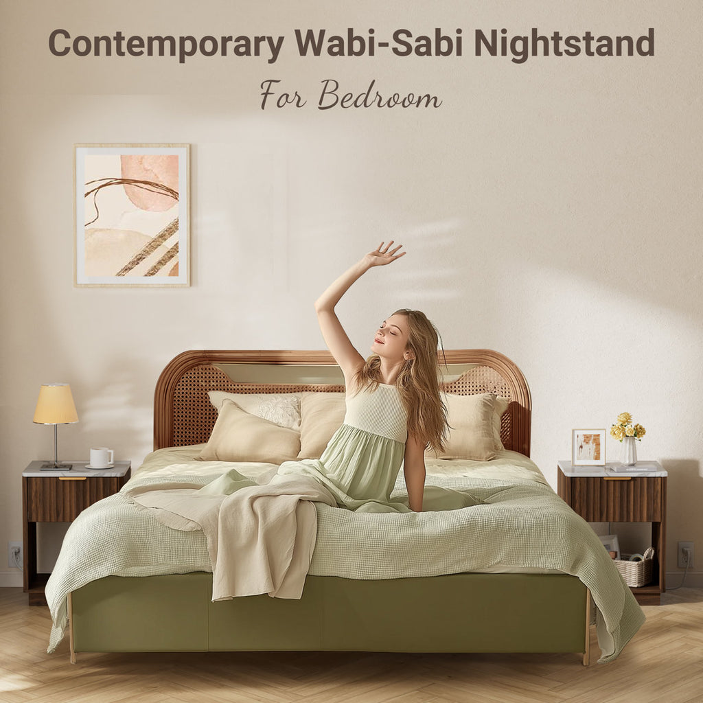 Schaitman 18''W 1-Drawer Nightstand with Open Cubby, Wood Nightstand with Built-In Outlets (Set of 2)