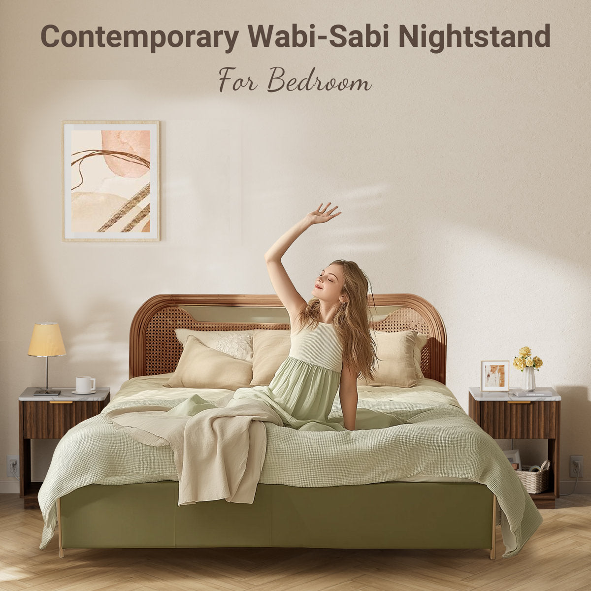 Schaitman 18''W 1-Drawer Nightstand with Open Cubby, Wood Nightstand with Built-In Outlets (Set of 2)