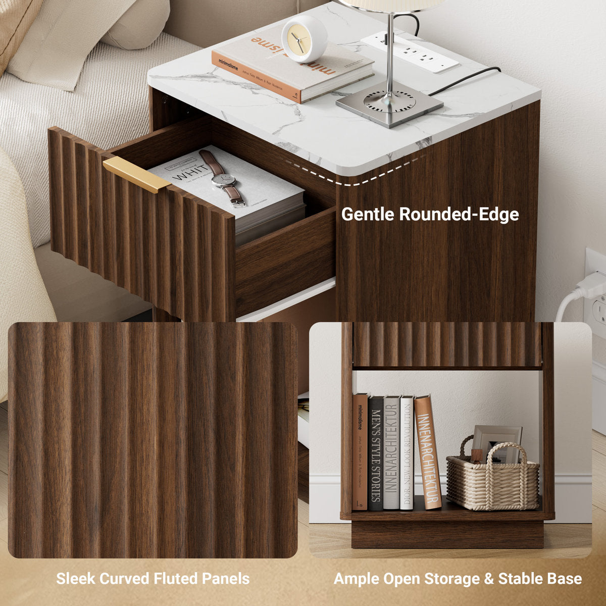 Schaitman 18''W 1-Drawer Nightstand with Open Cubby, Wood Nightstand with Built-In Outlets (Set of 2)