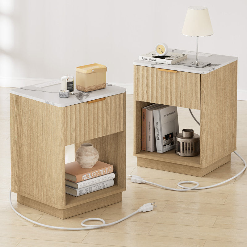 Schaitman 18''W 1-Drawer Nightstand with Open Cubby, Wood Nightstand with Built-In Outlets (Set of 2)
