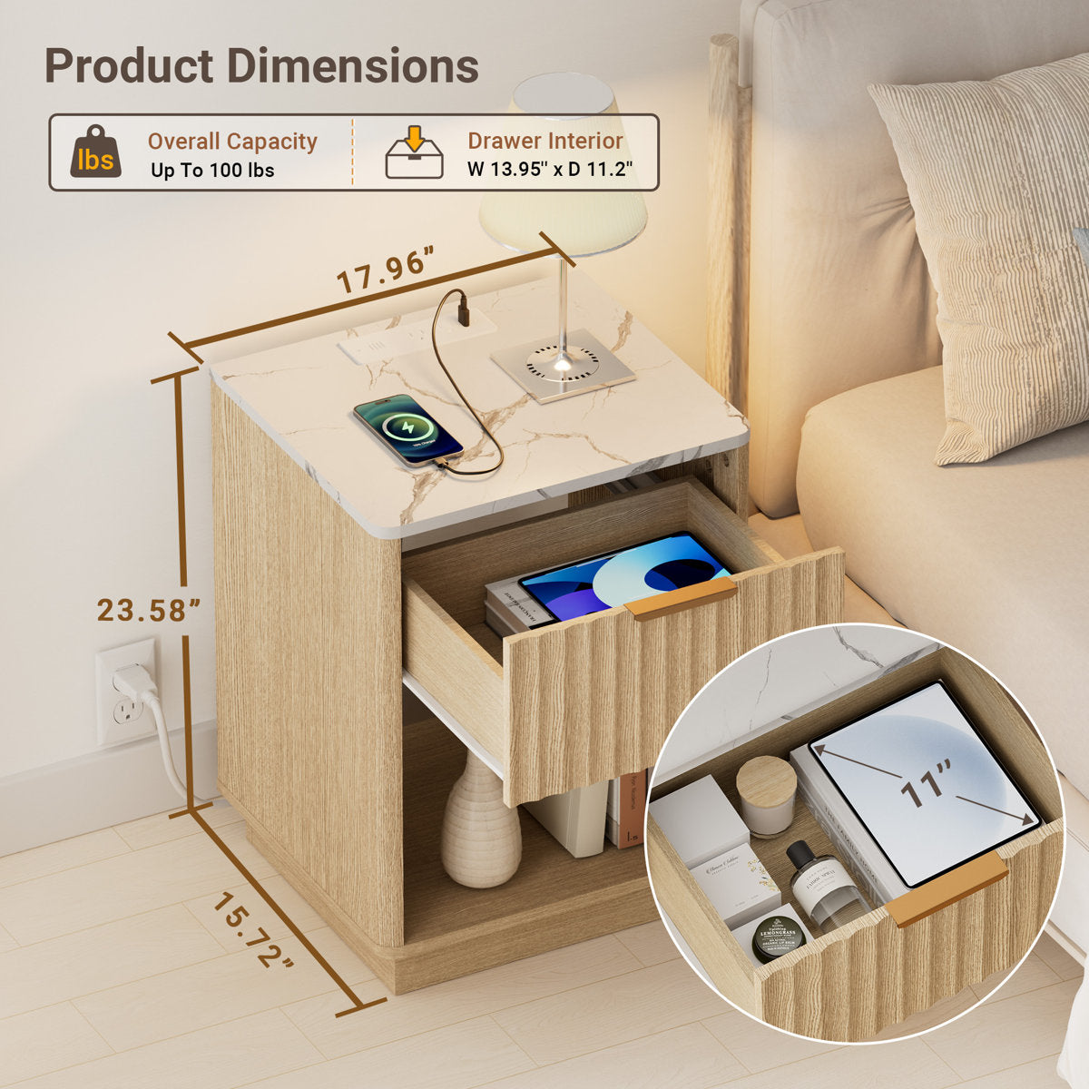Schaitman 18''W 1-Drawer Nightstand with Open Cubby, Wood Nightstand with Built-In Outlets (Set of 2)