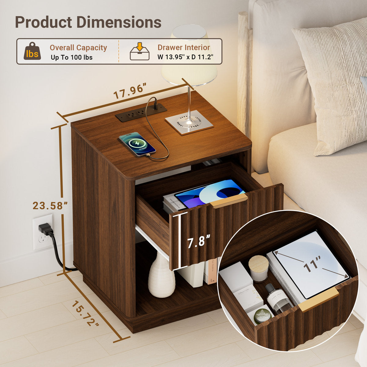 Schaitman 18''W 1-Drawer Nightstand with Open Cubby, Wood Nightstand with Built-In Outlets (Set of 2)