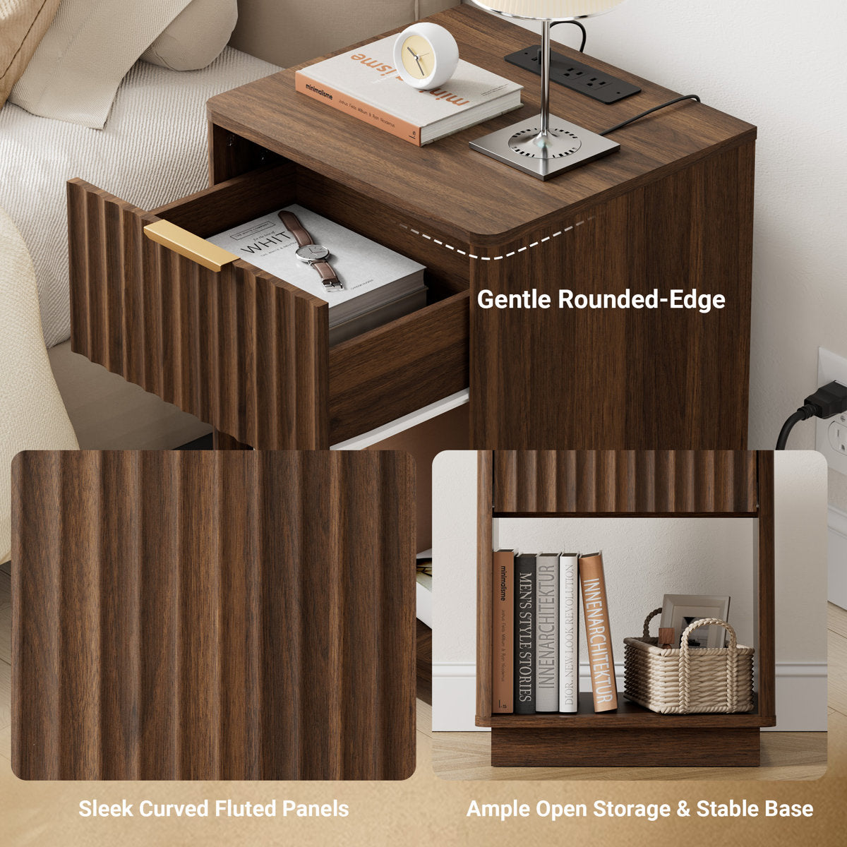 Schaitman 18''W 1-Drawer Nightstand with Open Cubby, Wood Nightstand with Built-In Outlets (Set of 2)
