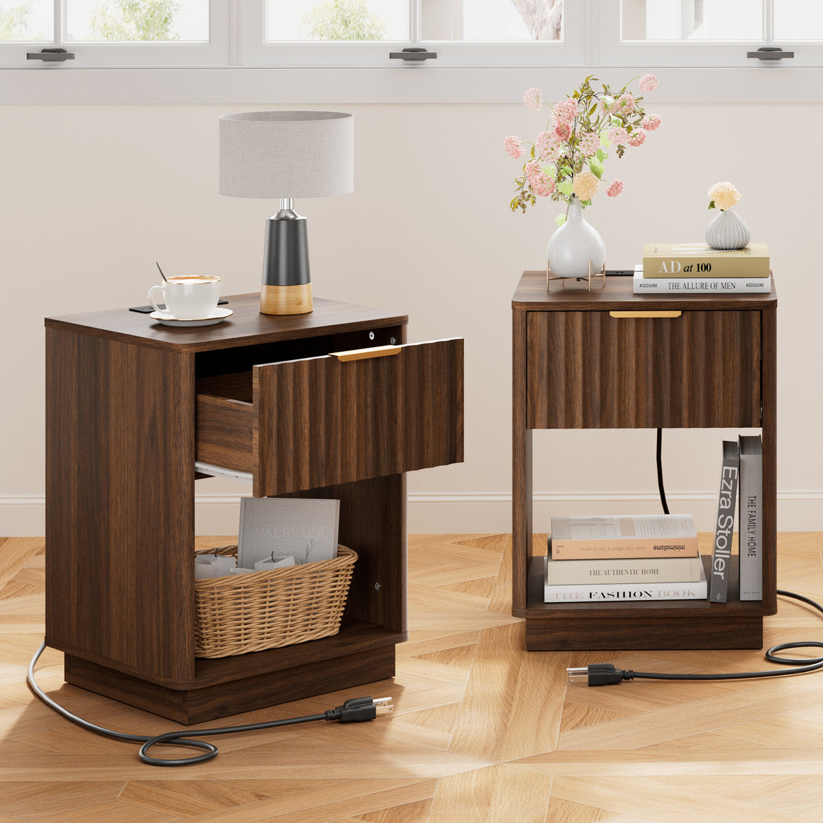 Schaitman 18''W 1-Drawer Nightstand with Open Cubby, Wood Nightstand with Built-In Outlets (Set of 2)