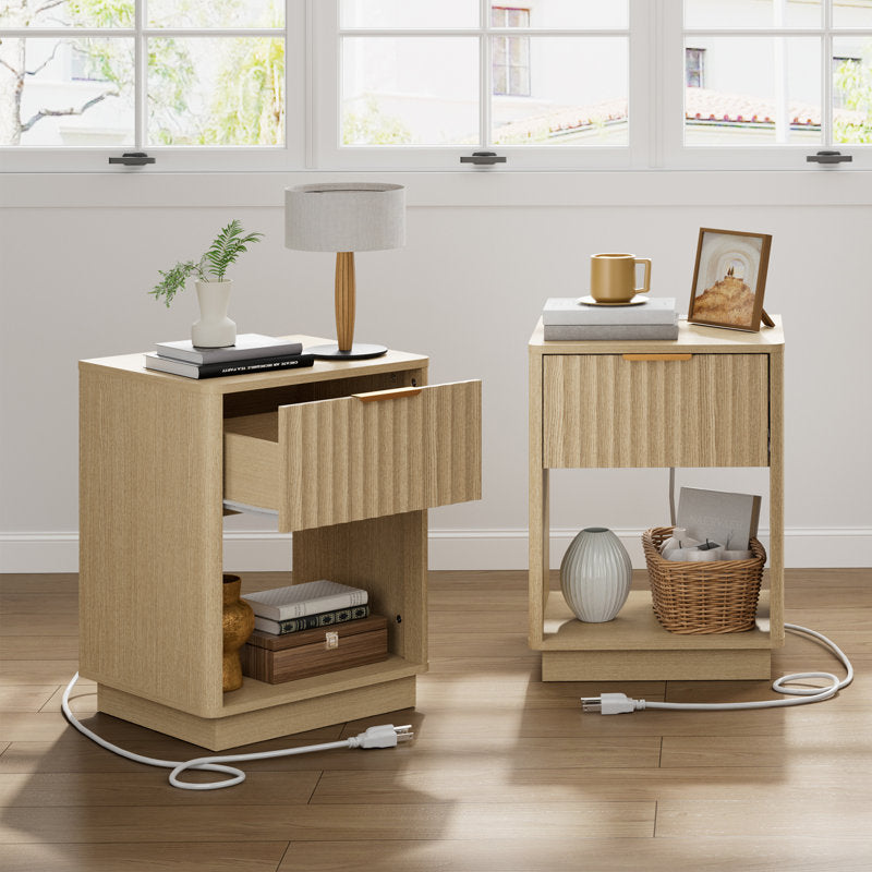 Schaitman 18''W 1-Drawer Nightstand with Open Cubby, Wood Nightstand with Built-In Outlets (Set of 2)