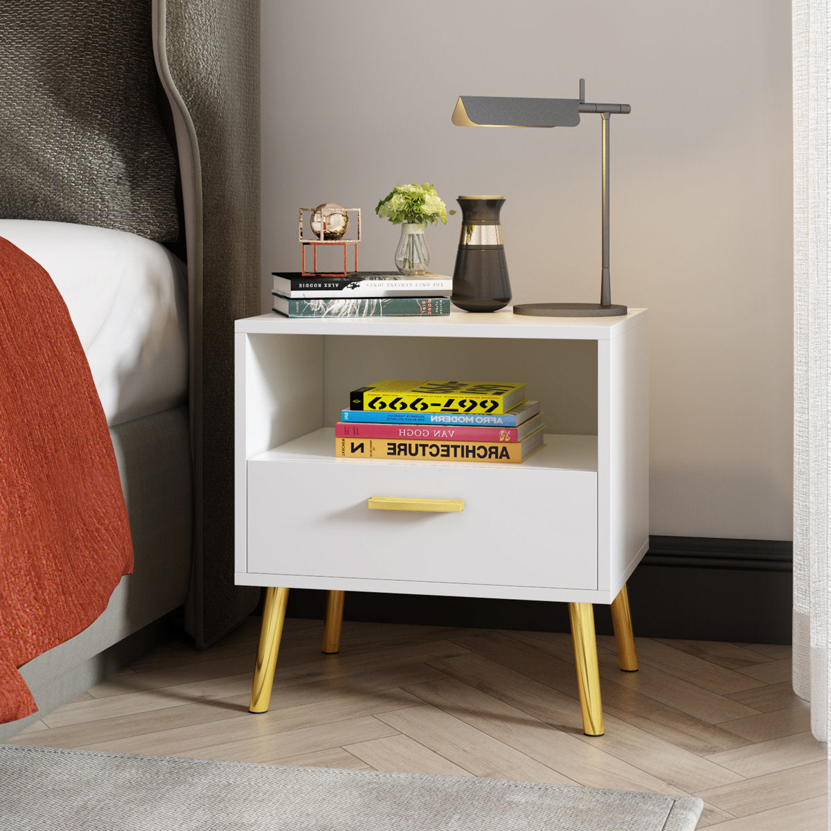 Modern Nightstand with Golden Legs and Storage | Mamta Handicraft