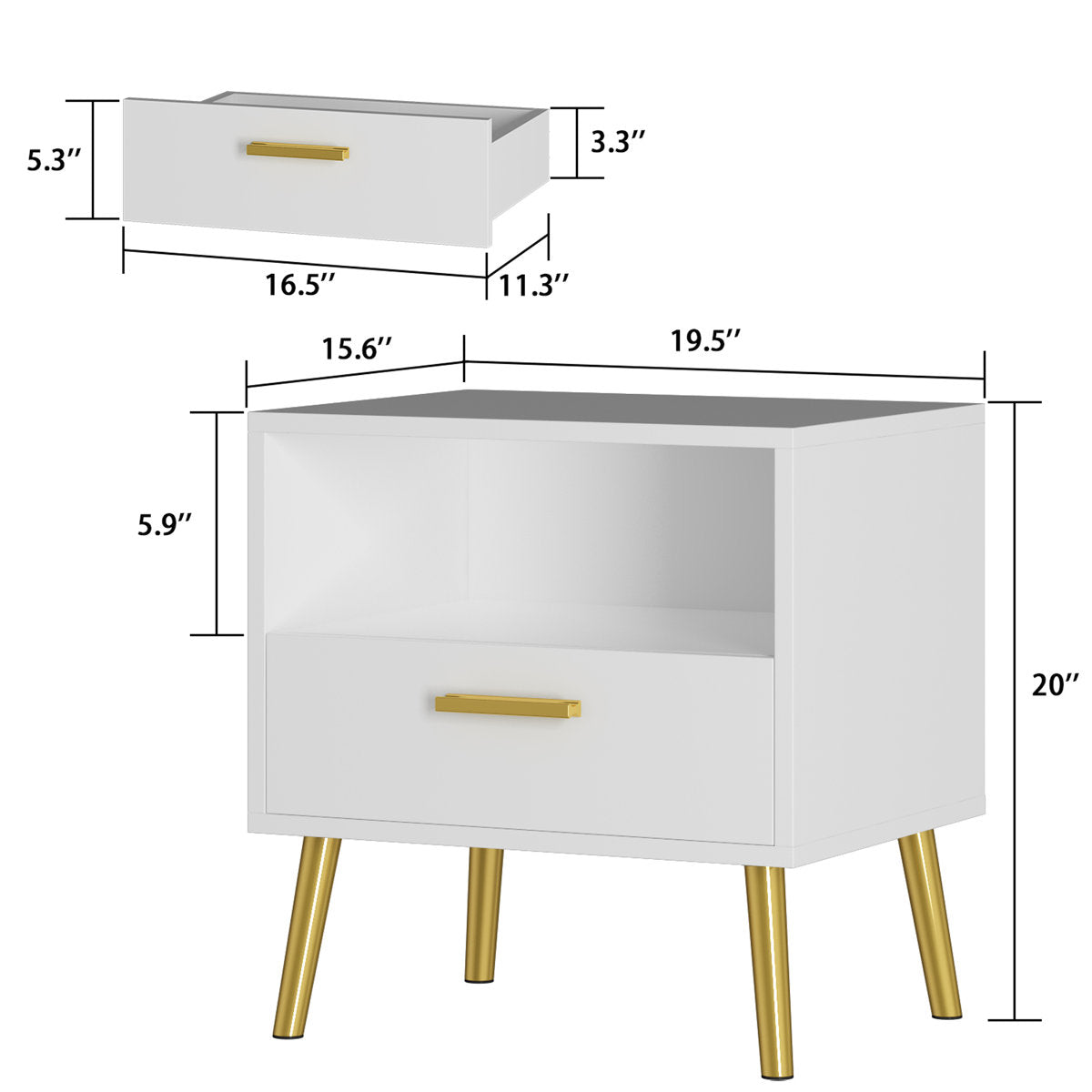 Sparacino Modern Nightstand with Golden Legs and Spacious Storage