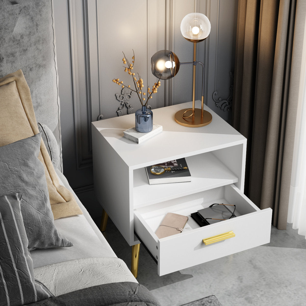 Sparacino Modern Nightstand with Golden Legs and Spacious Storage