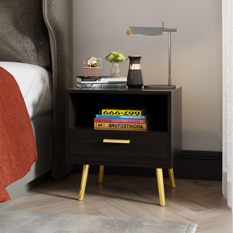Sparacino Modern Nightstand with Golden Legs and Spacious Storage